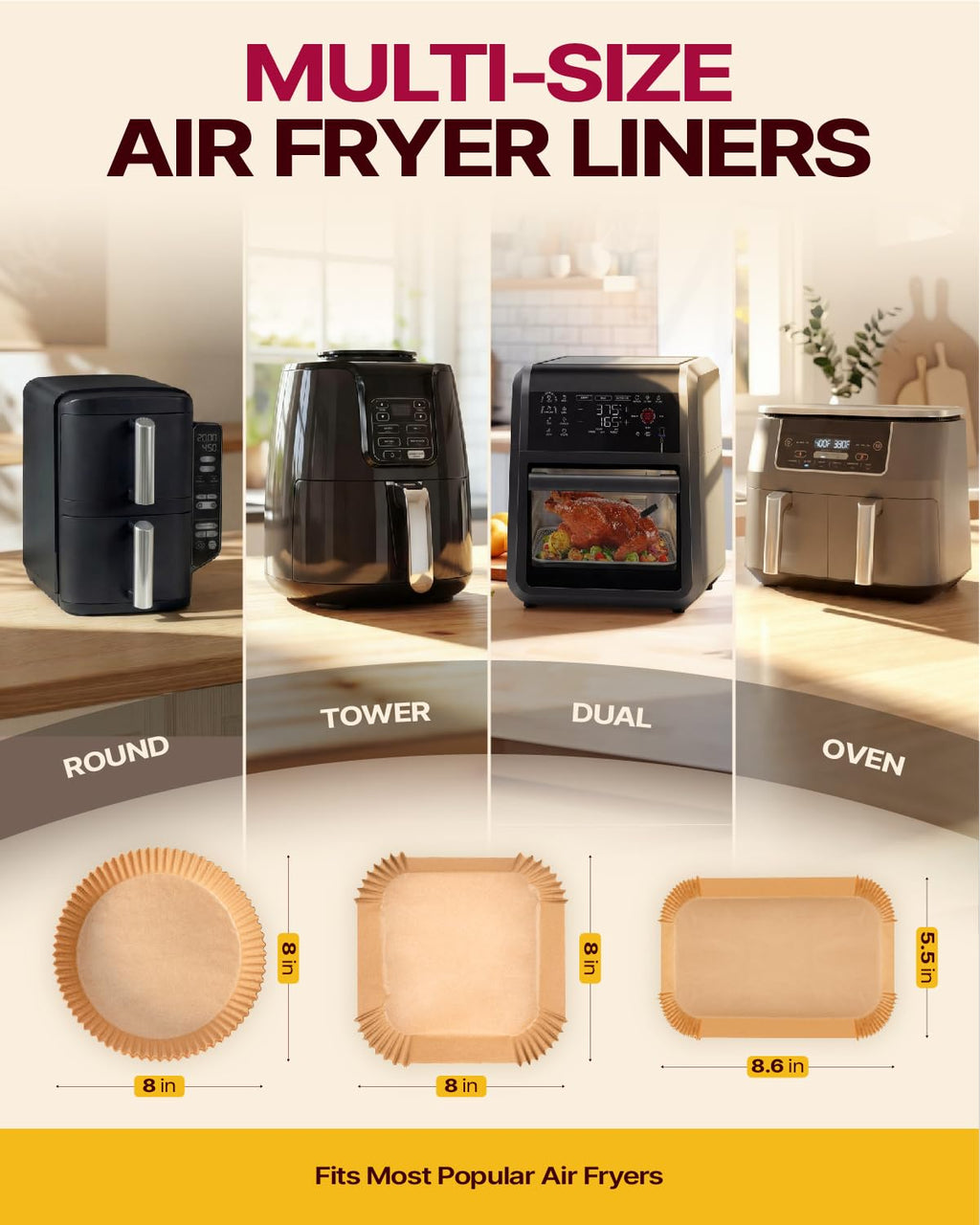 Katbite Air Fryer Liners Disposable - 8 inch Square Non-Stick Airfryer Paper Liners, Unbleached Parchment Paper for 5 to 8 Qt Basket, Frying, Baking, Cooking, Roasting, Easy Cleanup, 130pcs