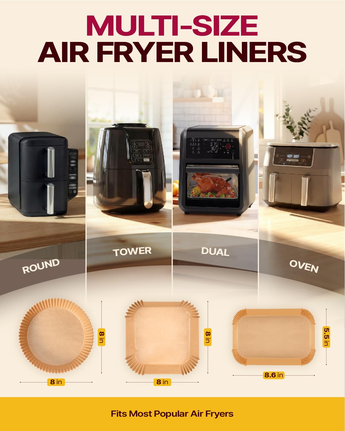 Katbite Air Fryer Liners Disposable - 8 inch Square Non-Stick Airfryer Paper Liners, Unbleached Parchment Paper for 5 to 8 Qt Basket, Frying, Baking, Cooking, Roasting, Easy Cleanup, 130pcs