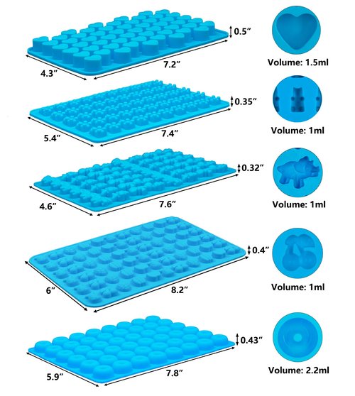 5 PCS Silicone Gummy Molds, Food Grade Non-Stick Candy & Chocolate Mold Fruit Snack Molds BPA-Free with 2 Droppers Including Mini Dinosaur, Bear, Heart, Fruit, and Donut (Blue)