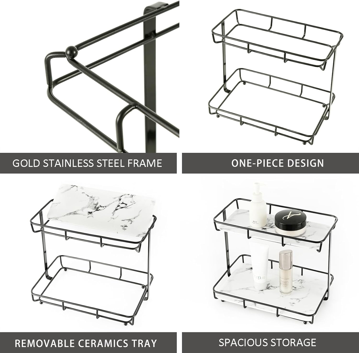 Skiennix Bathroom Organizer - 2-Tier Perfume & Makeup Storage Rack | Stainless Steel & White Marble