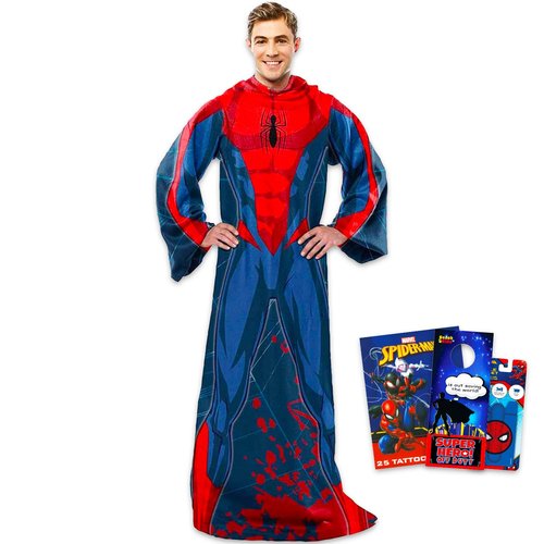 Spiderman Snuggie Blanket Set - Bundle with a Cozy Spidey Throw, Phone Wallet, Tattoos, More | Spiderverse Blanket Size 48x71 Inches