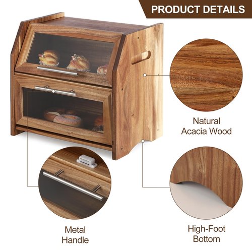 Garvee Double Layer Bread Box – Acacia Wood Bread Bin with Clear Acrylic Door & Air Vents, Rustic Countertop Bread Storage Container for Homemade Bread, Bagels, Muffins (Brown & Silver)