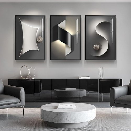 Framed Modern Black and White Abstract Wall Art - Large 3-Piece Luxury Prints for Living Room | 24x36 In