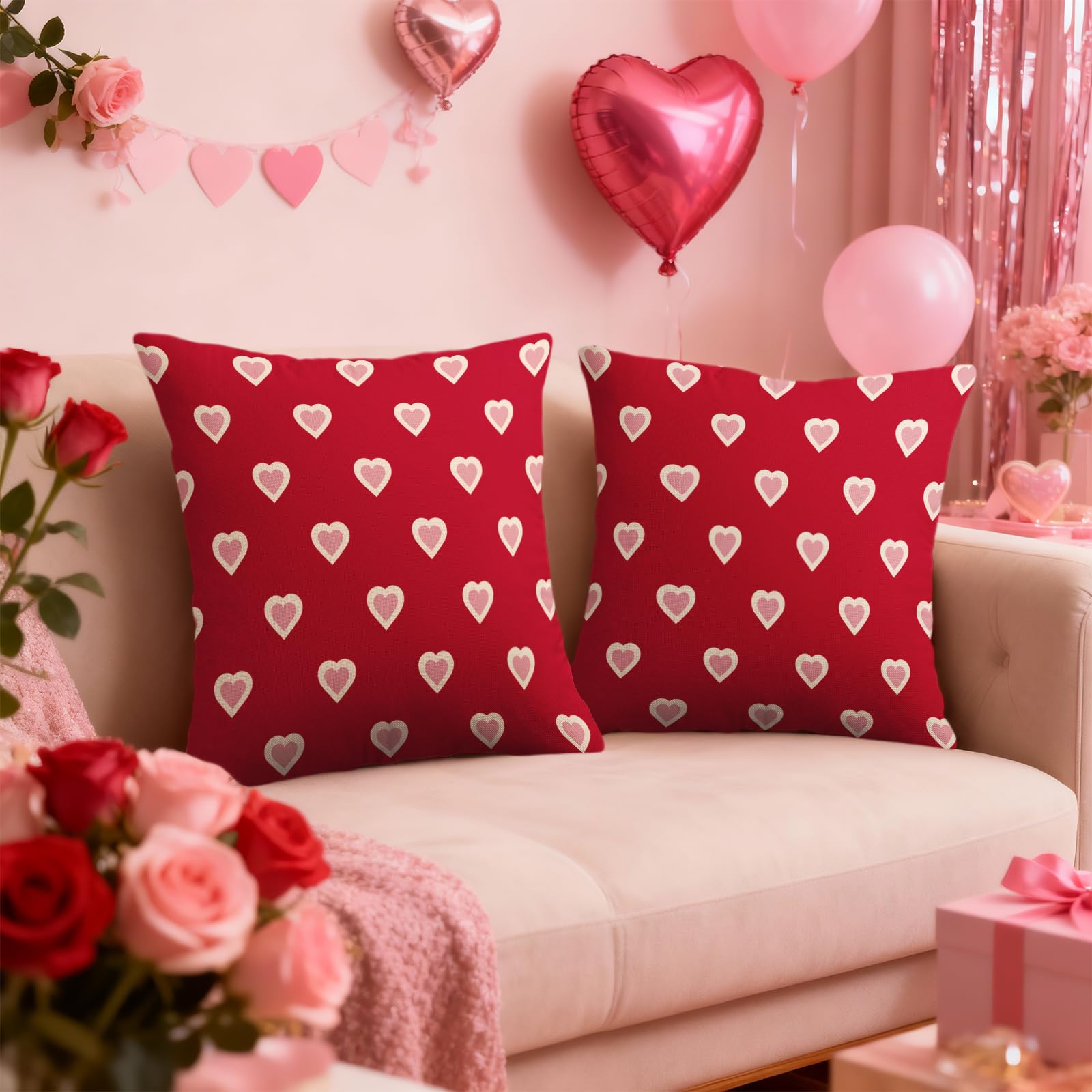 Valentines Day Pillow Covers 18X18 Set of 2, Red Pink Valentine's Print Decorative Throw Pillow Covers Outdoor Farmhouse Holiday Anniversary Wedding Decorations Cushion Case Couch Sofa Bed Decor