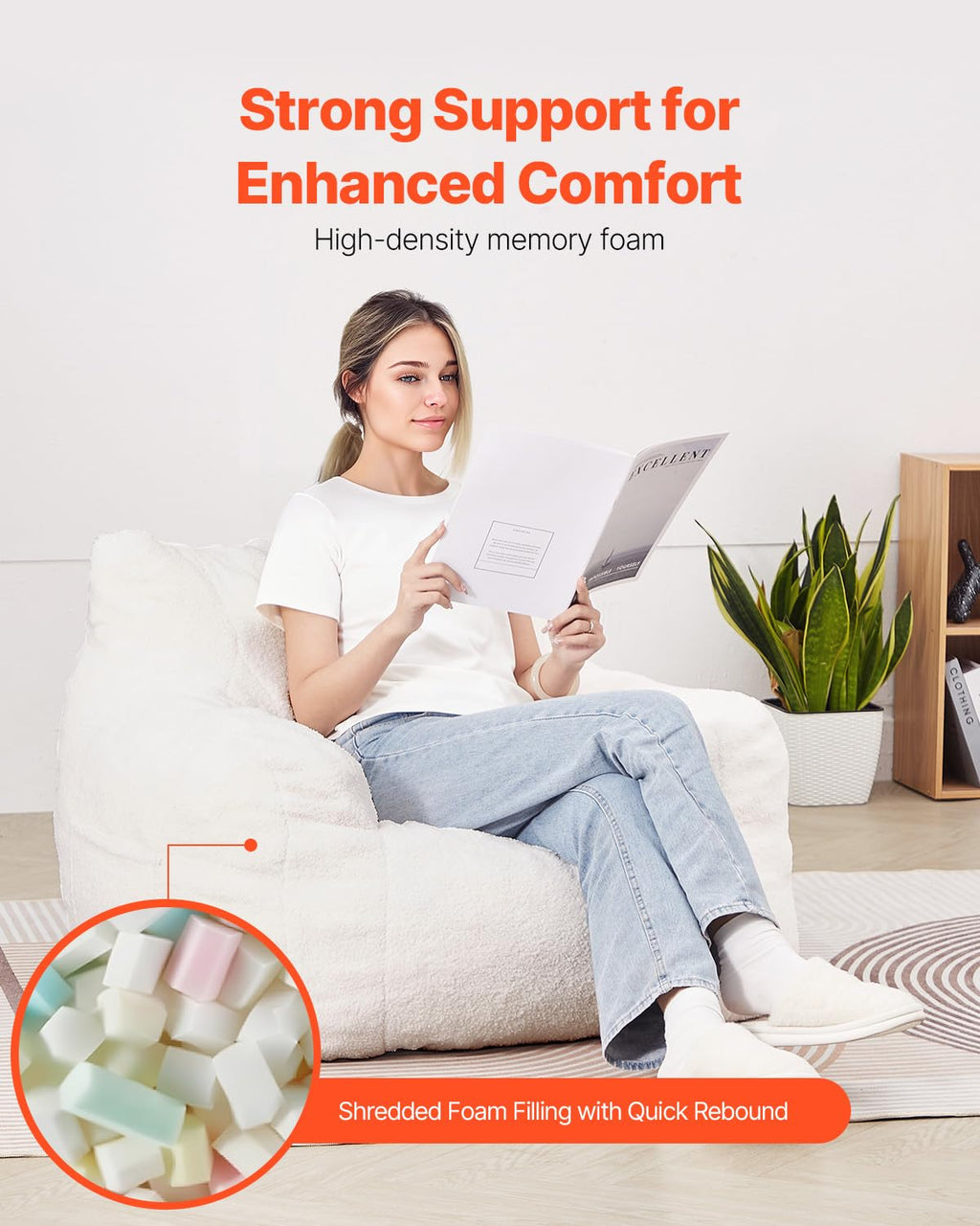 VEVOR Bean Bag Chair, 3 feet Bean Bag Chair with Soft Armrests and Storage Pocket, 25D Memory Foam Filled with Soft Teddy Velvet Cover, Bean Bag for Bedroom or Playroom, White