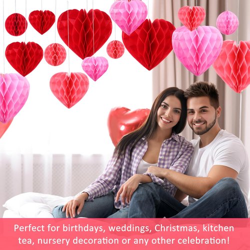 Yexiya 32 Pieces Honeycomb Balls Valentines Pom Poms Red Paper Honeycomb Ball Decorations Hearts Tissue Paper for Wedding, Valentine's Day, Engagement, Bridal Shower(Red, Light Pink, Blush Pink)
