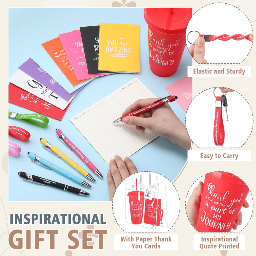 Widecook 181 Pcs Employee Appreciation Gifts 24 oz Inspirational Plastic Cups with Lid and Straw Notebooks Ballpoint Pens Keychains PVC Gift Bags Thank You Supplies for Teacher Coworker Staff(Classic)