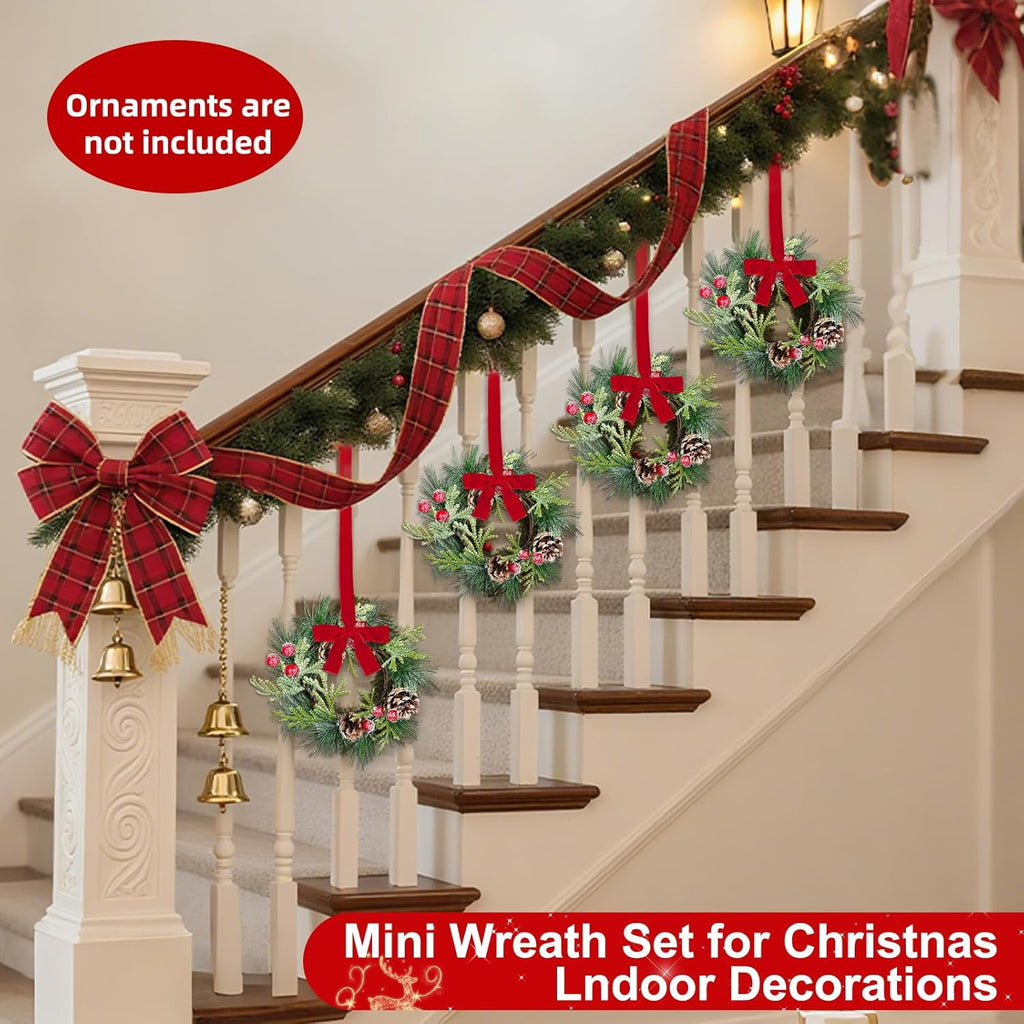 Skiennix 6 Pcs Mini Christmas Wreaths - 9 Inch Snowy Pinecone & Red Berry Candle Rings for Festive Decor