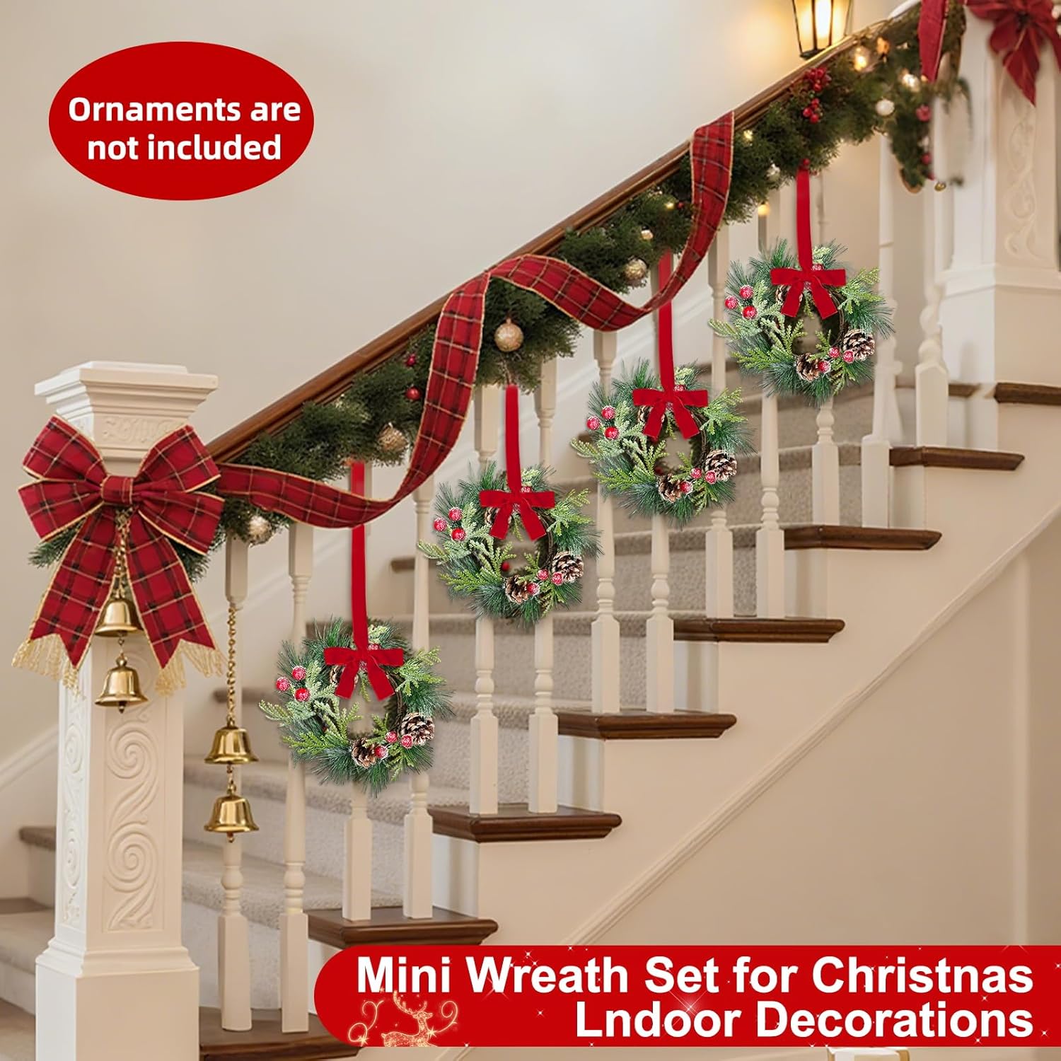 Skiennix 6 Pcs Mini Christmas Wreaths - 9 Inch Snowy Pinecone & Red Berry Candle Rings for Festive Decor