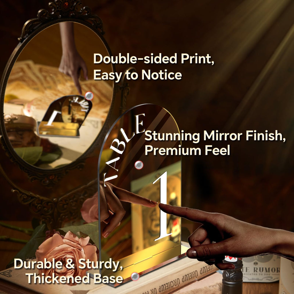 Framokoko Mirror Arched Wedding Table Numbers 1-30 with Stands, 5"x7" Double-sided Letter, Acrylic Wedding Signs Centerpiece Decoration for Wedding Reception Party (Gold, Table Numbers 1-30)