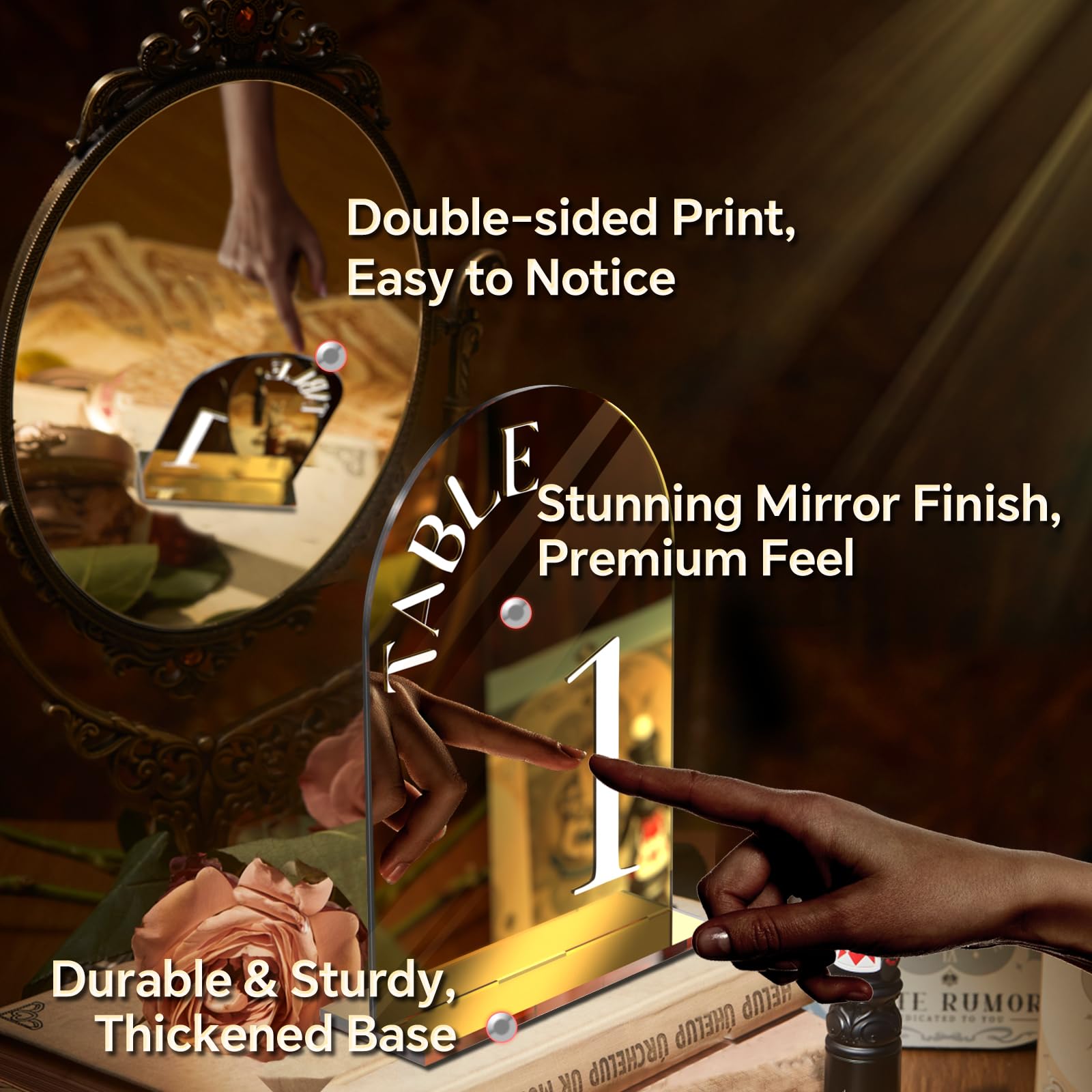 Framokoko Mirror Arched Wedding Table Numbers 1-30 with Stands, 5"x7" Double-sided Letter, Acrylic Wedding Signs Centerpiece Decoration for Wedding Reception Party (Gold, Table Numbers 1-30)
