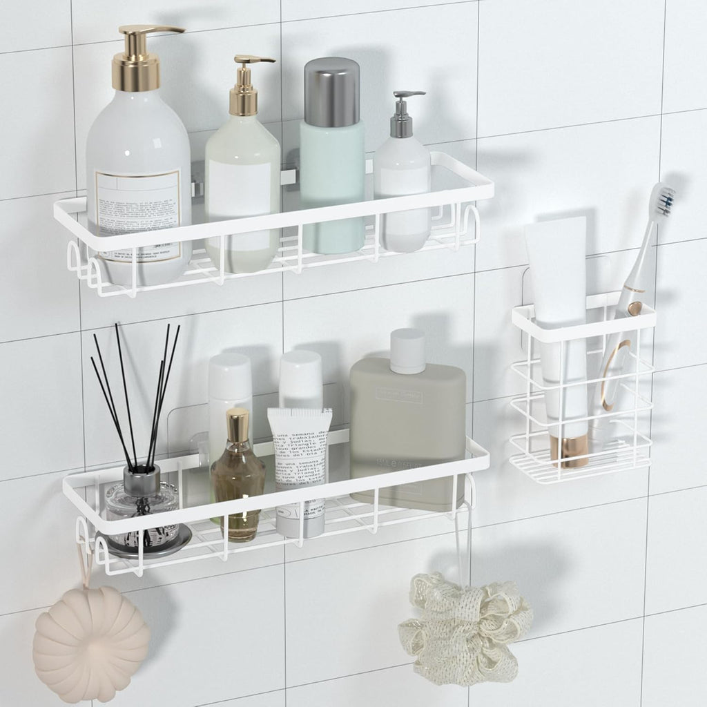 Skiennix Shower Caddy Organizer - Self-Adhesive Bathroom Shelves with Hooks | No Drilling, 3-Pack White