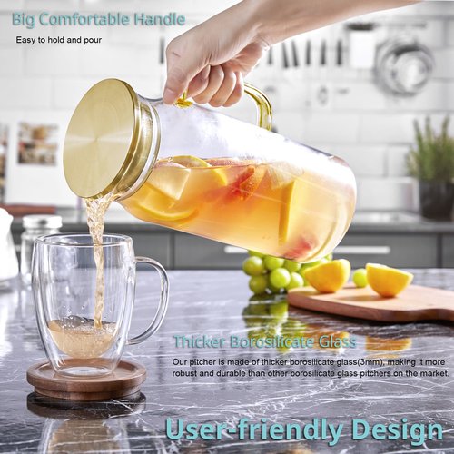 Bivvclaz 2 Pack 2 Liter 68 oz 2.1 Qt Gold Glass Pitcher with Lid and Handle, Water Pitcher for Fridge, Glass Carafe for Hot/Cold Water, Large Iced Tea Pitcher for Coffee, Juice and Homemade Beverage