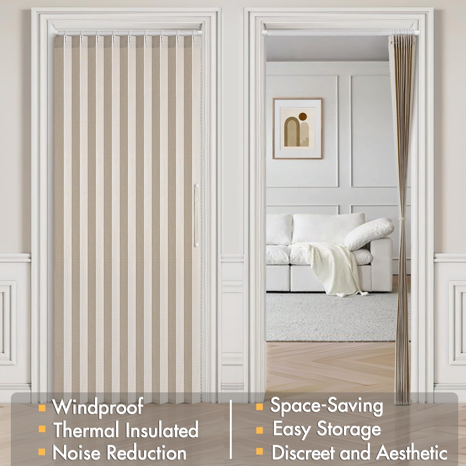MIULEE Accordion Style Magnetic Folding Door Curtains - Pleated Cream Drapes for Room Divider | Beige, 39" x 78" Panel
