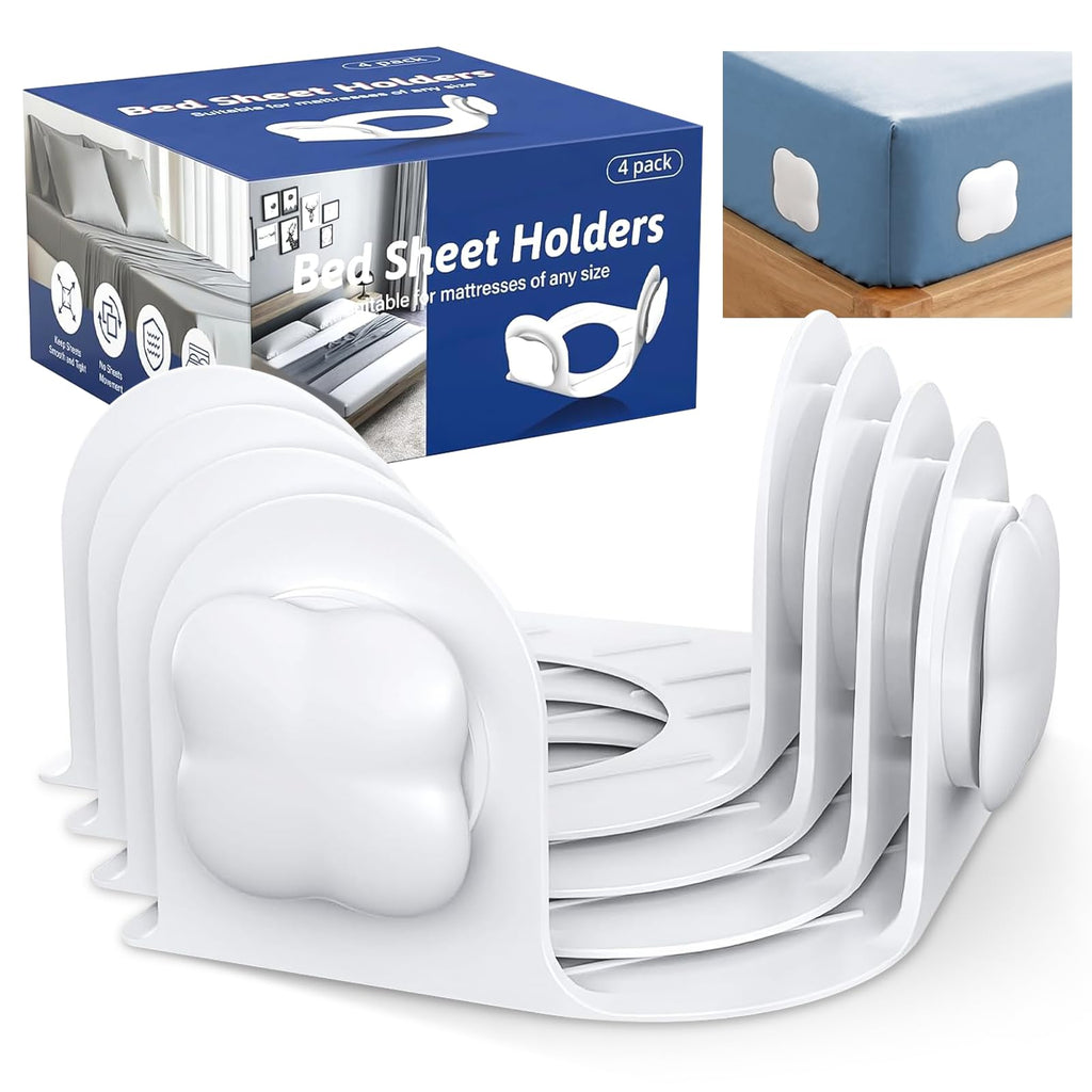 Vokolesd 4Pcs Bed Sheet Holders for Corners, Fitted Sheet Holder Keep Sheets Firm, Durable Heavy Duty Bed Sheet Clips, Bed Lock Sheet Holders,Fit All Mattress Easy Install (White)