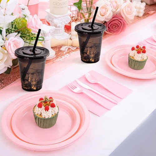 Yicentdp 100 Set Black Plastic Cups with Lids and Straws 12 oz Disposable Drinking Clear Cups for Wedding Black Birthday Party Supplies
