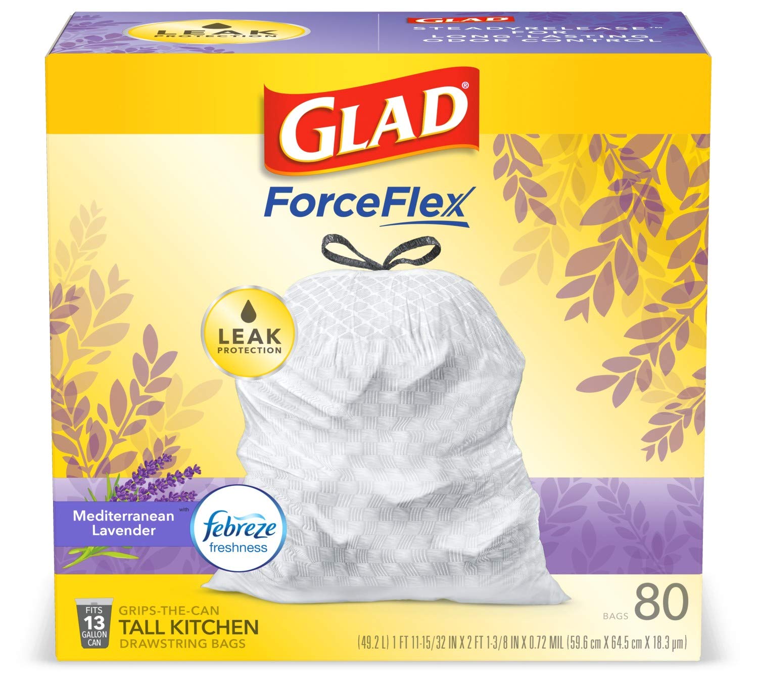 Glad ForceFlex Tall Kitchen Trash Bags, 13 Gallon, Gain Lavender, 80 Count (Package May Vary)