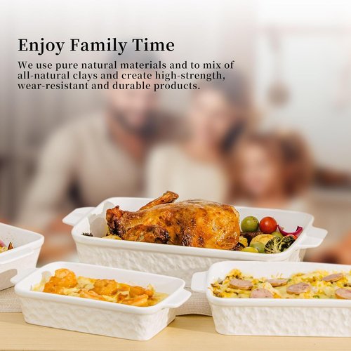 Dafuceramic Casserole Dishes - Set of 4 Rectangular Bakeware with Handles | White Ceramic Oven Dishes