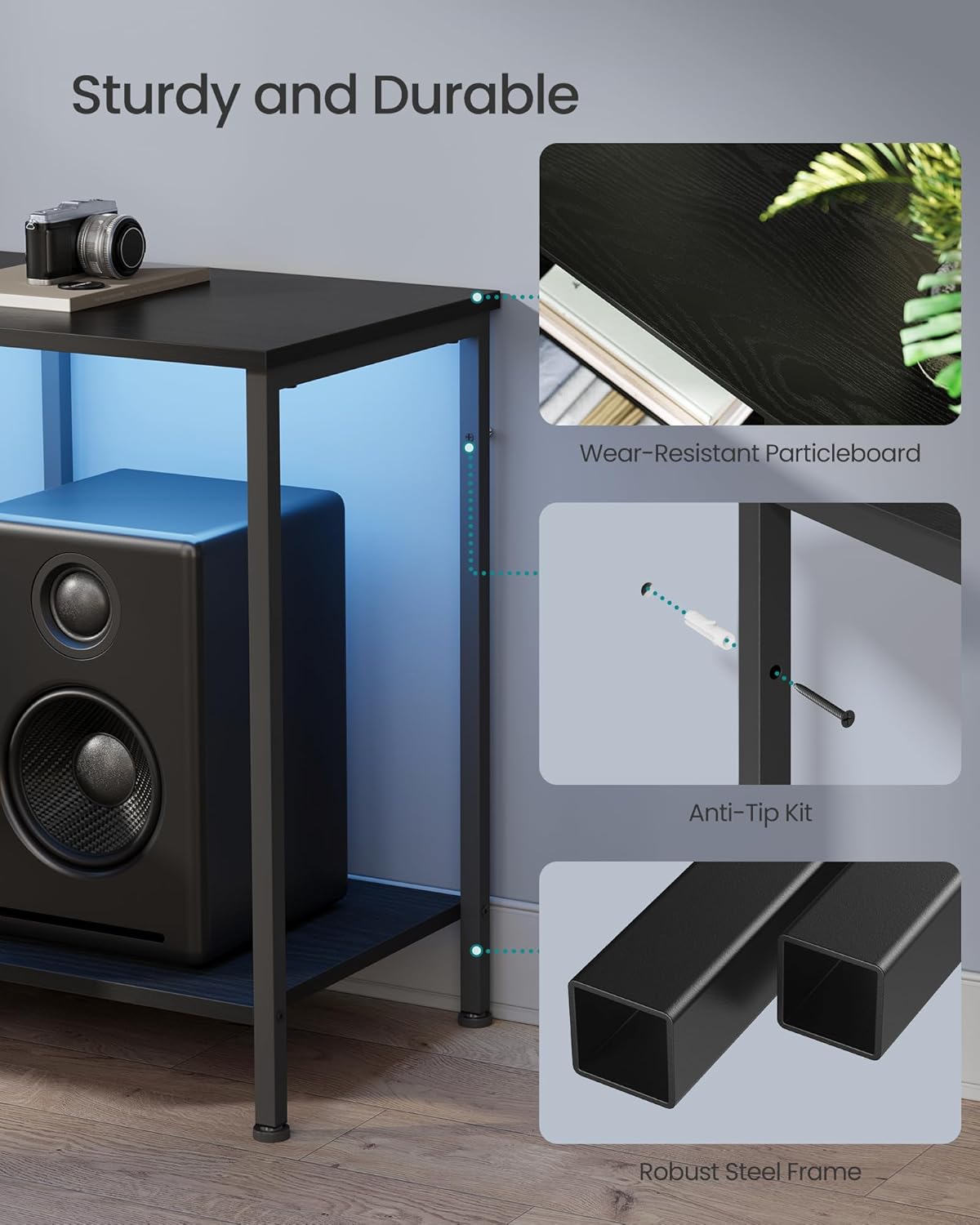 SONGMICS TV Stand - Modern Entertainment Center with Power Outlets & Lights for TVs Up to 70 Inches | Ink Black