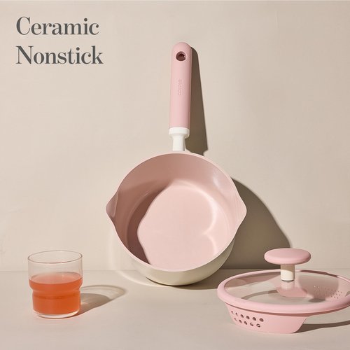 CAROTE 2.5QT & 3.0QT Sauce Pan Sets with Lid & Ladle Ceramic Nonstick Pot Set Non Toxic Saucepan with Stay-cool Handle Small Kitchen Cooking Pots, Easy to Clean, Induction Comptable, PFOA FREE