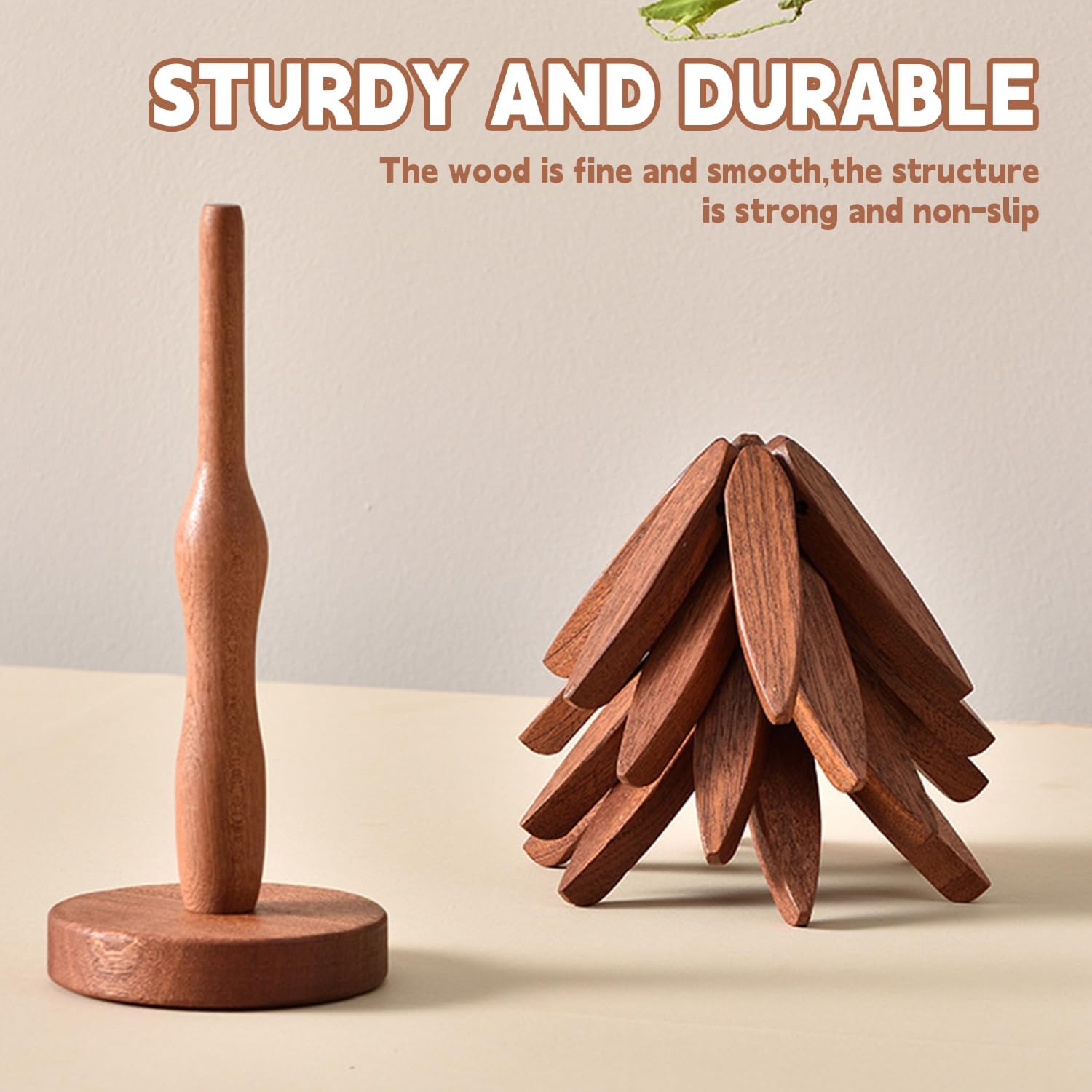 Walnut Wood Trivet Set by [Brand Name] - Tree Shape Design | 4 Trivets + Stand for Hot Dishes