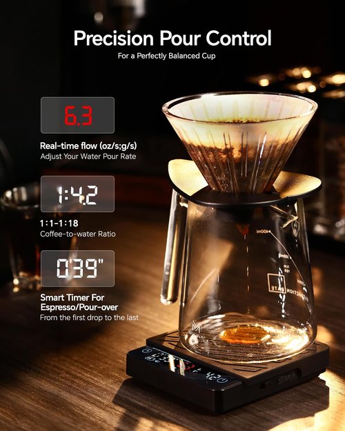 MUVNA Espresso Mini Coffee Scale with Timer & Flow Rate Indicator - 2kg/0.1g Precision Digital Scale with Waterproof Silicone Mat for Pour Over, Coffee Bean Weight, Kitchen, Black