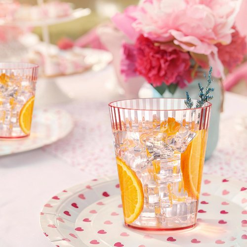 48 PCS Plastic Ribbed Drinking Glasses Pink 10oz Unbreakable Vintage Ripple Stemless Wine Glasses Cocktail Tumbler Glass Cups Disposable Retro Glasses Drinkware for Valentine Baby Shower Wedding
