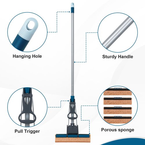 Sponge Mop for Floor Cleaning, 50" Heavy Duty Roller Mop with 4 Cellulose Refill Heads, Easy Self-Squeeze for Hardwood Tile Concrete, Wall Ceiling