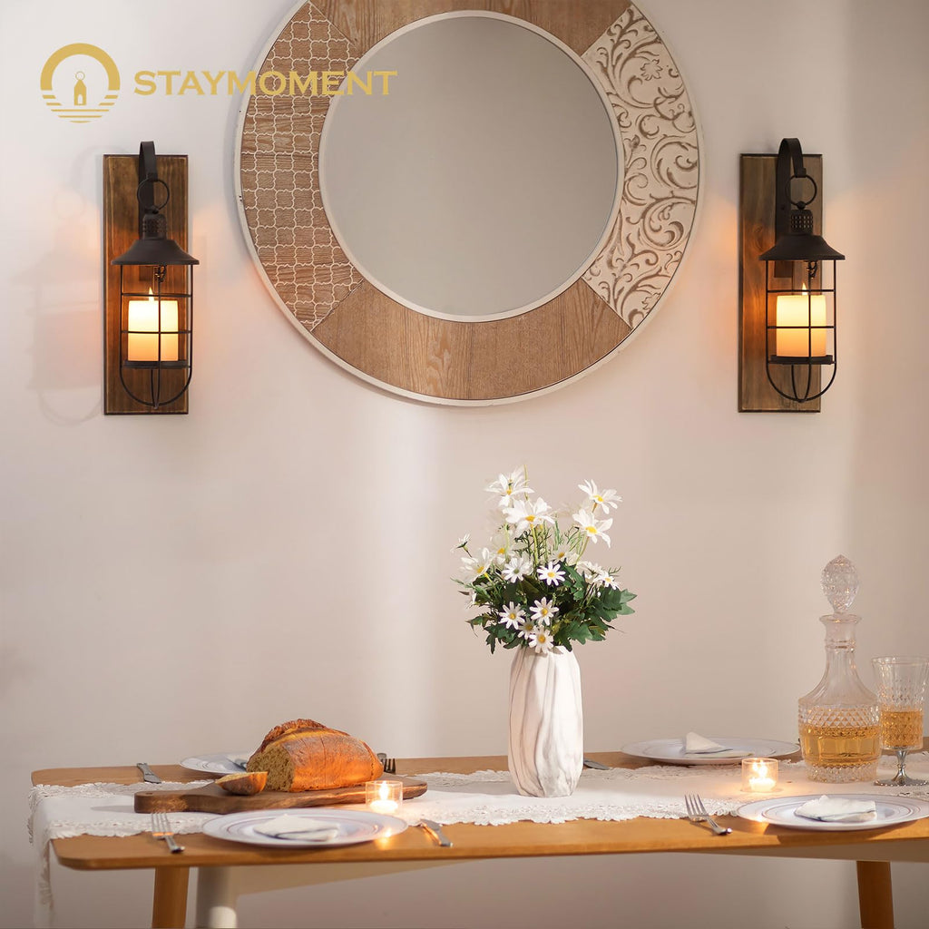 Staymoment Wall Sconces Candle Holder: Set of 2 Farmhouse Wall Lantern Decor Wood Brown Decorations Indoor for Living Room Front Door Porch