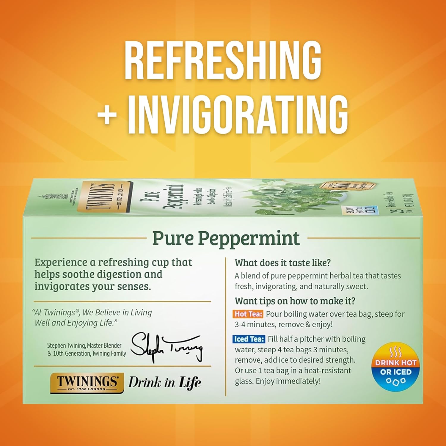 Twinings Pure Peppermint Herbal Tea - Individually Wrapped Bags, 25 Count | Caffeine-Free, Fresh Minty Flavor