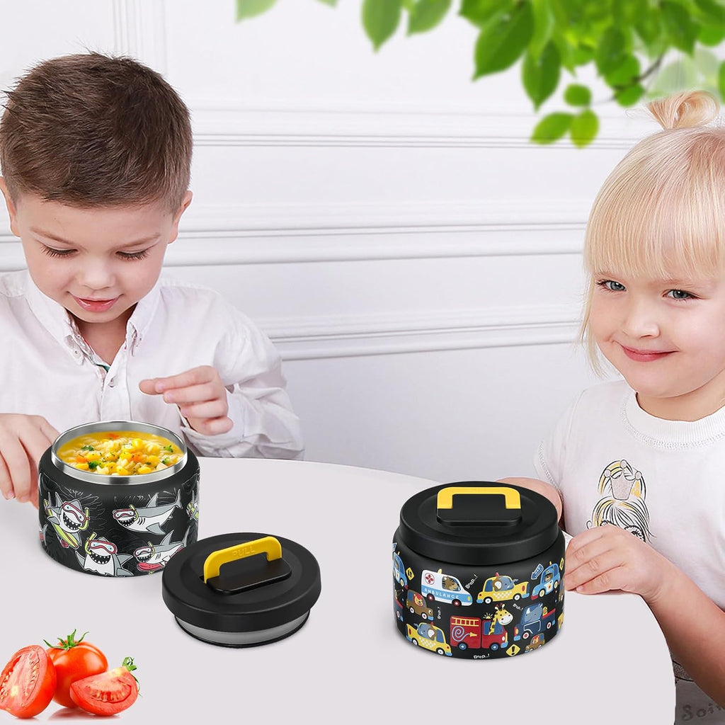 PIQUEBAR Kids Thermos - 8oz Stainless Steel Food Container with Easy Open Wide Mouth | Black Animal Truck