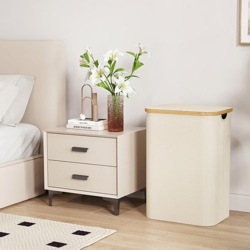 Lifewit 80L Laundry Basket - Foldable Hamper with Lid & Bamboo Handles | Removable Bag, White