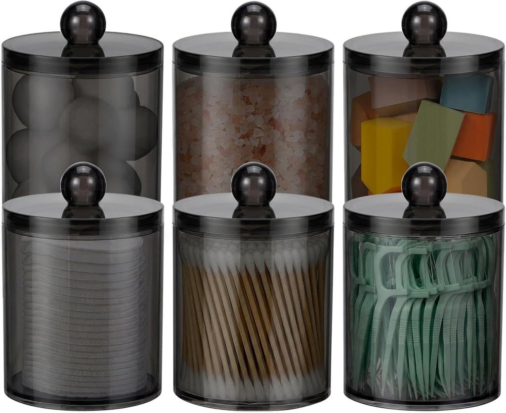 Skiennix Acrylic Qtip Holder Dispenser - 6 Pack Clear Canister Set for Cotton Swabs & Makeup Storage