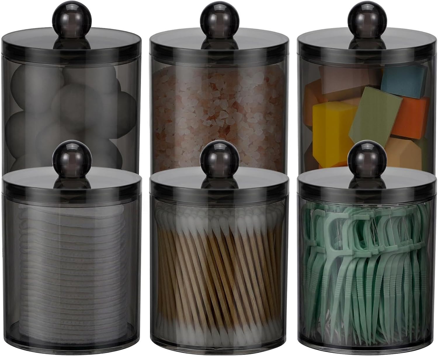 Skiennix Acrylic Qtip Holder Dispenser - 6 Pack Clear Canister Set for Cotton Swabs & Makeup Storage