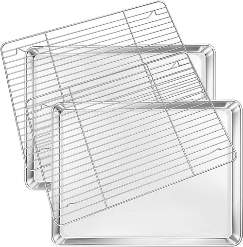 Deedro Baking Sheet Set - Stainless Steel Cookie Sheets with Cooling Racks | 2 Sheets + 2 Racks, 16 x 12 Inch