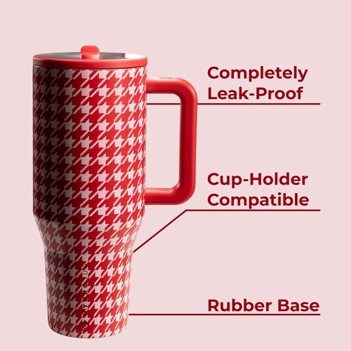 HydroJug Traveler - 40 Oz Insulated Water Bottle with Handle & Flip Straw | Leak-Resistant, Fits Cup Holder - Halle Houndstooth Design