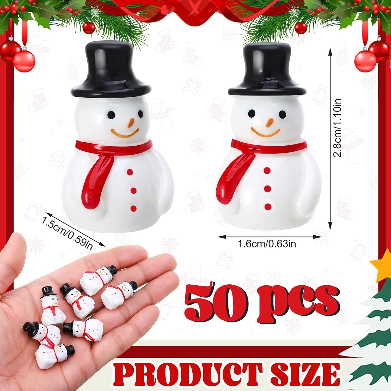 Skiennix Mini Resin Snowman Figurines - 50 Pcs Winter Decor with Black Hats for DIY Crafts & Ornaments