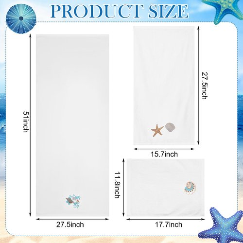 Peryiter 3 Pcs Beach Hand Towels for Bathroom Cotton Embroidered 1 Bath Towel 1 Hand Towel and 1 Wash Cloth Absorbent Bath Sheets for Bathroom Decor(White,Shells)
