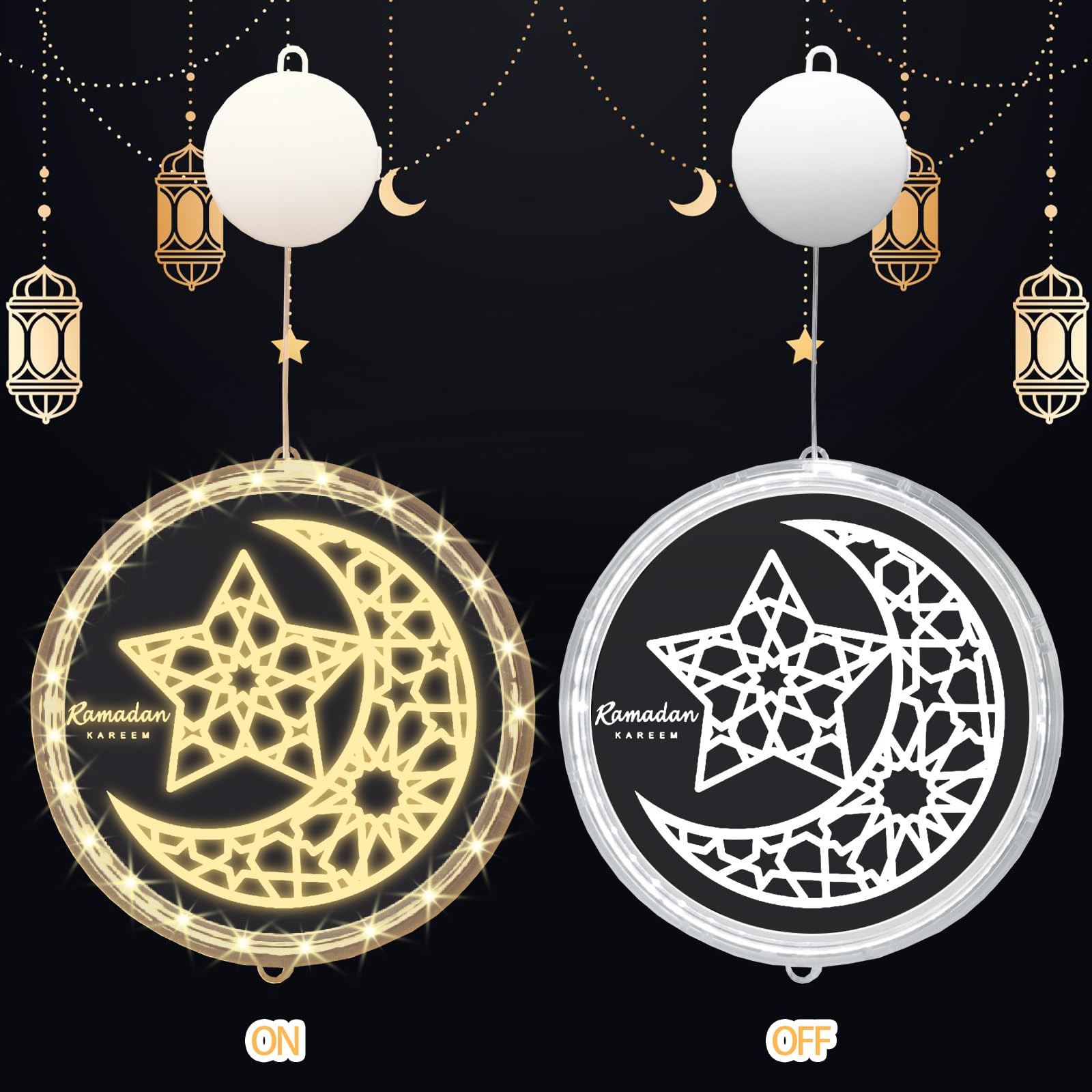 ALIBBON 3D Ramadan Kareem Lights Moon Star LED Lights Eid Mubarak Window Lights Islamic Muslim Style Hanging Lights with Suction Cup Battery Operated Eid Lights Ramadan Decorations for Home