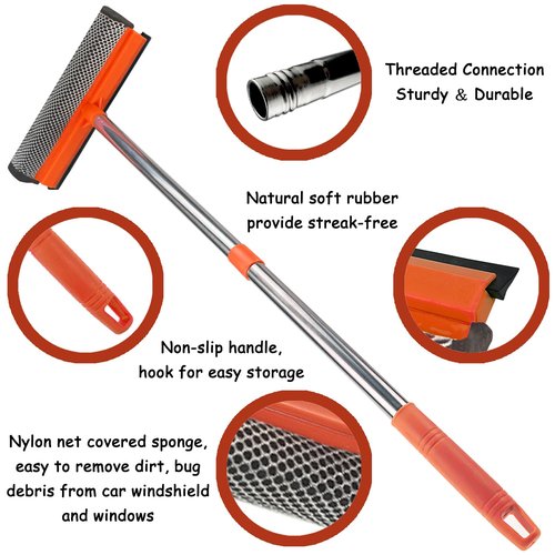 Window Squeegee for Window Cleaning, Squeegee Window Cleaner Tool 2 in 1 Car Window Cleaning Tool with Extension Pole 58‘’ Telescopic Window Washing Equipment, Shower Squeegee for Shower Glass Door