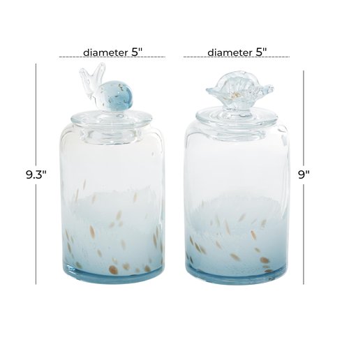 Deco 79 Glass Shell Handmade Living Room Decorative Jars Decorative Container with Whale and Seashell Tops, Set of 2 Jar with Lid 5"W, 9"H, Blue