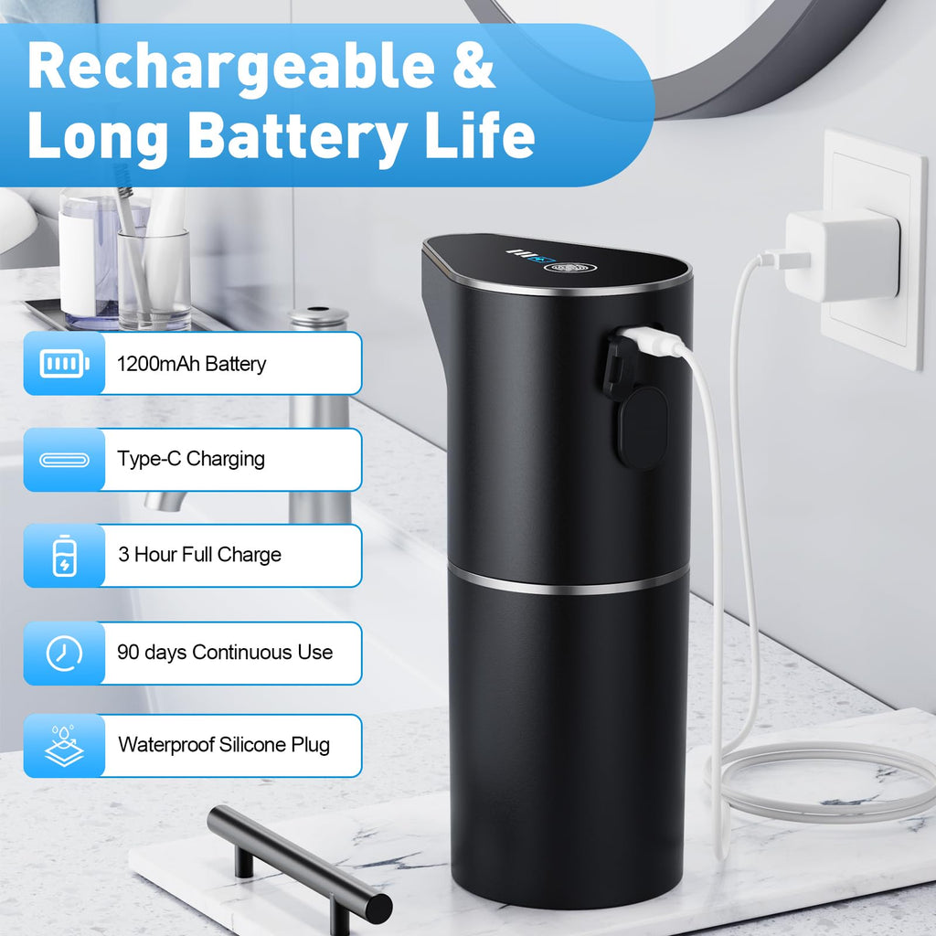 Fantictas Automatic Soap Dispenser,Touchless Hand Wall Mount Rechargeable 3 Gear Adjustable Electric Soap Dispenser 350ml with Infrared Motion Sensor for Bathroom,Kitchen,Office, Black Foam