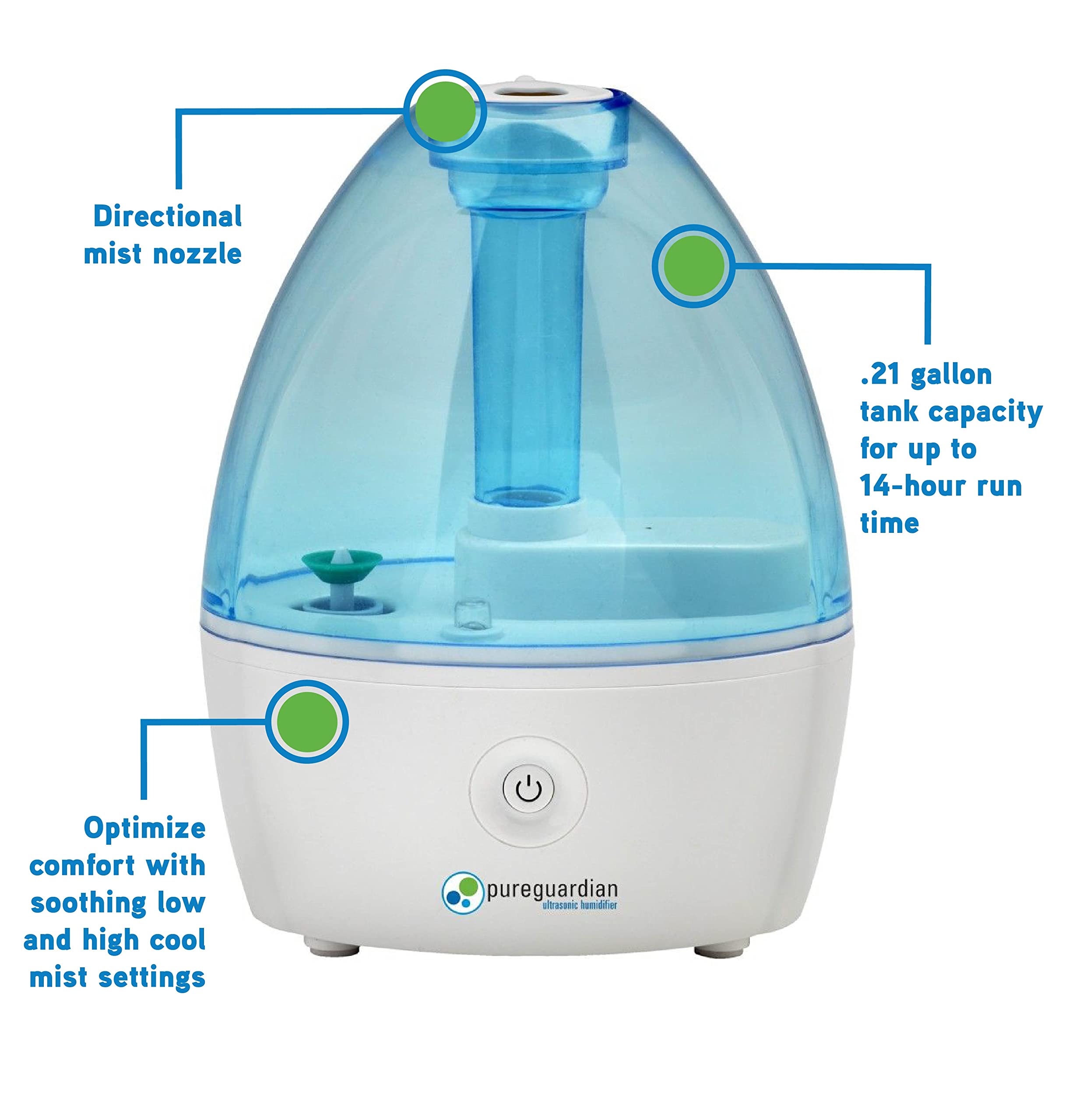 Pure Guardian H910BL Ultrasonic Cool Mist Humidifier, 14 Hrs. Run Time, 210 Sq. Ft. Coverage, Small Rooms, Quiet, Filter Free
