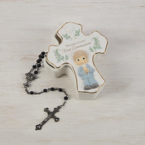 Precious Moments Communion Boy Figurine & Rosary Box Set, Bisque Porcelain Keepsake, Ideal First Communion Gift