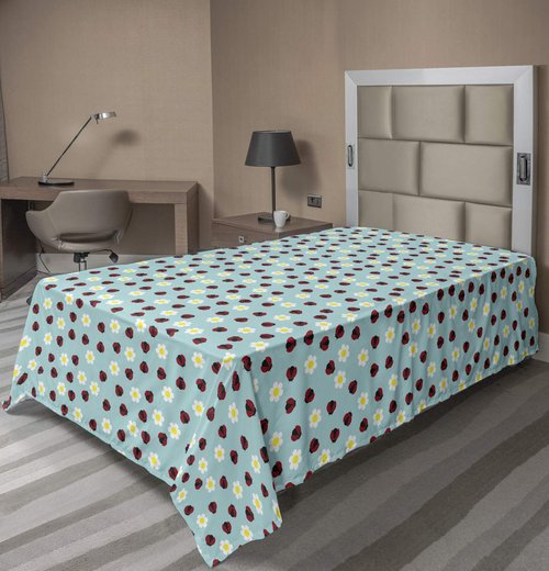 Ambesonne Ladybug Flat Sheet, Daisy Blossom Spring Summer Revival Chamomile Girls Playroom Cartoon, Soft Comfortable Top Sheet Decorative Bedding 1 Piece, Twin Size, Aqua Red