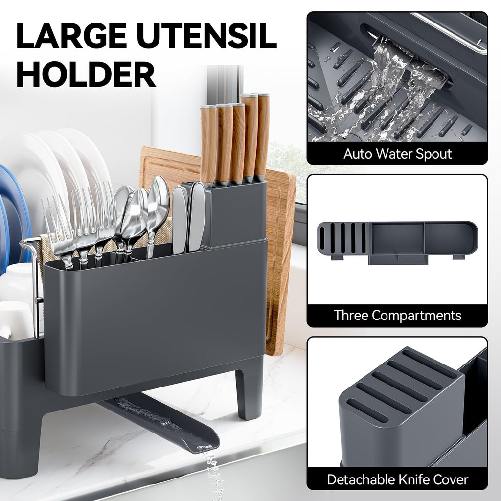 Urackify Expandable Dish Drying Rack, Stainless Steel Dish Rack with Aluminum Frame, Dish Drainer for Kitchen Counter, Space Saving Kitchen Drying Rack with Movable Utensil Holder, Gray