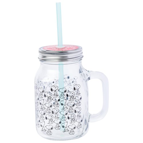 Silver Buffalo Peanuts Snoopy Glass Jar with Lid and Straw, 21 Ounces