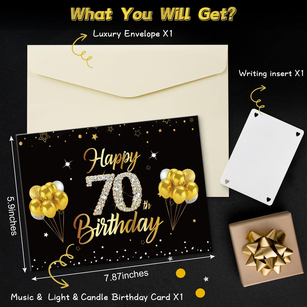 Turypaty 70th Birthday Cards Pop Up 3D Cake - Firework & Music & Blow Out Candle Light Funny Happy 70 Black Gold Birthday Card Gifts for Men, Women, Friends, Boyfriend, Dad, Mom, Husband, Wife