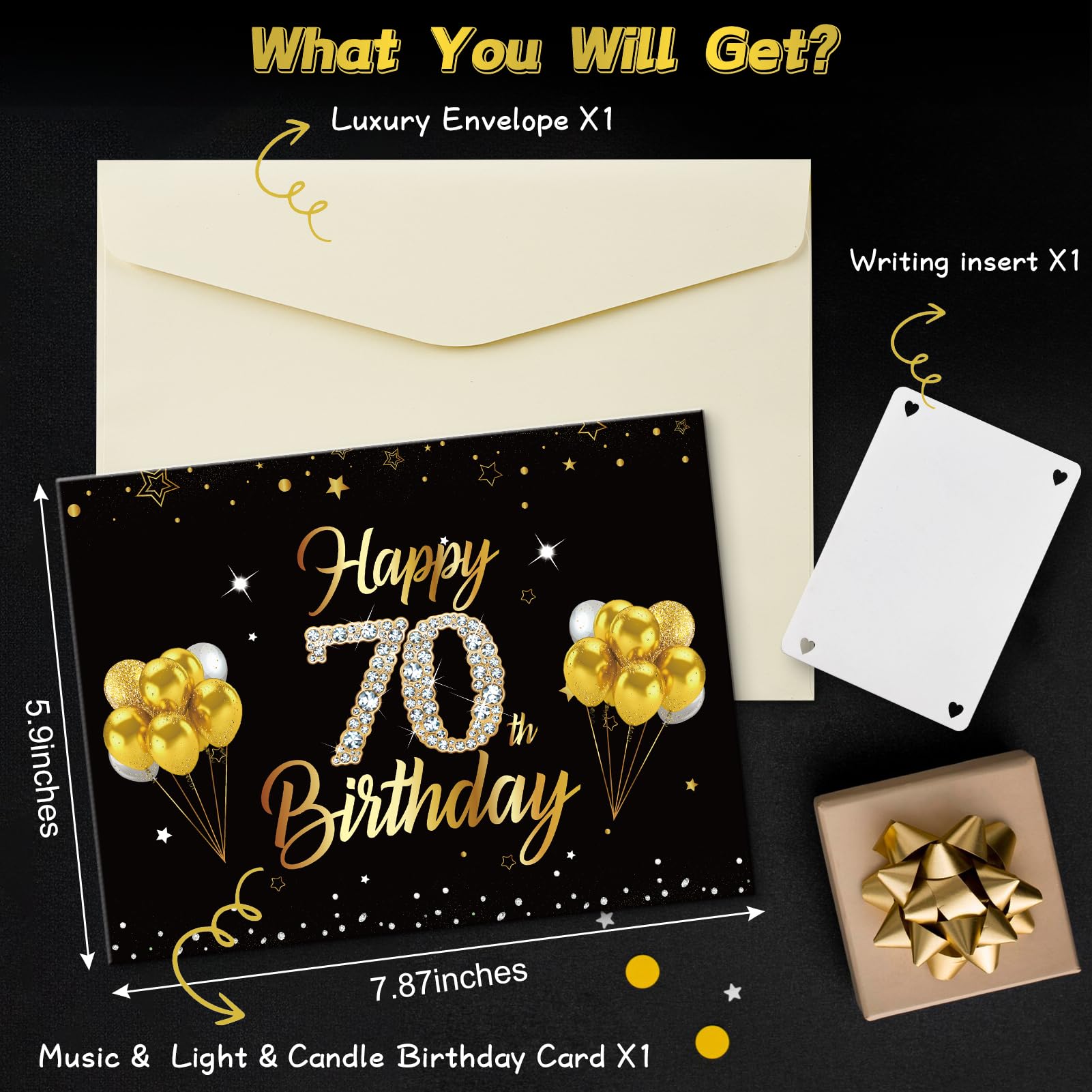 Turypaty 70th Birthday Cards Pop Up 3D Cake - Firework & Music & Blow Out Candle Light Funny Happy 70 Black Gold Birthday Card Gifts for Men, Women, Friends, Boyfriend, Dad, Mom, Husband, Wife