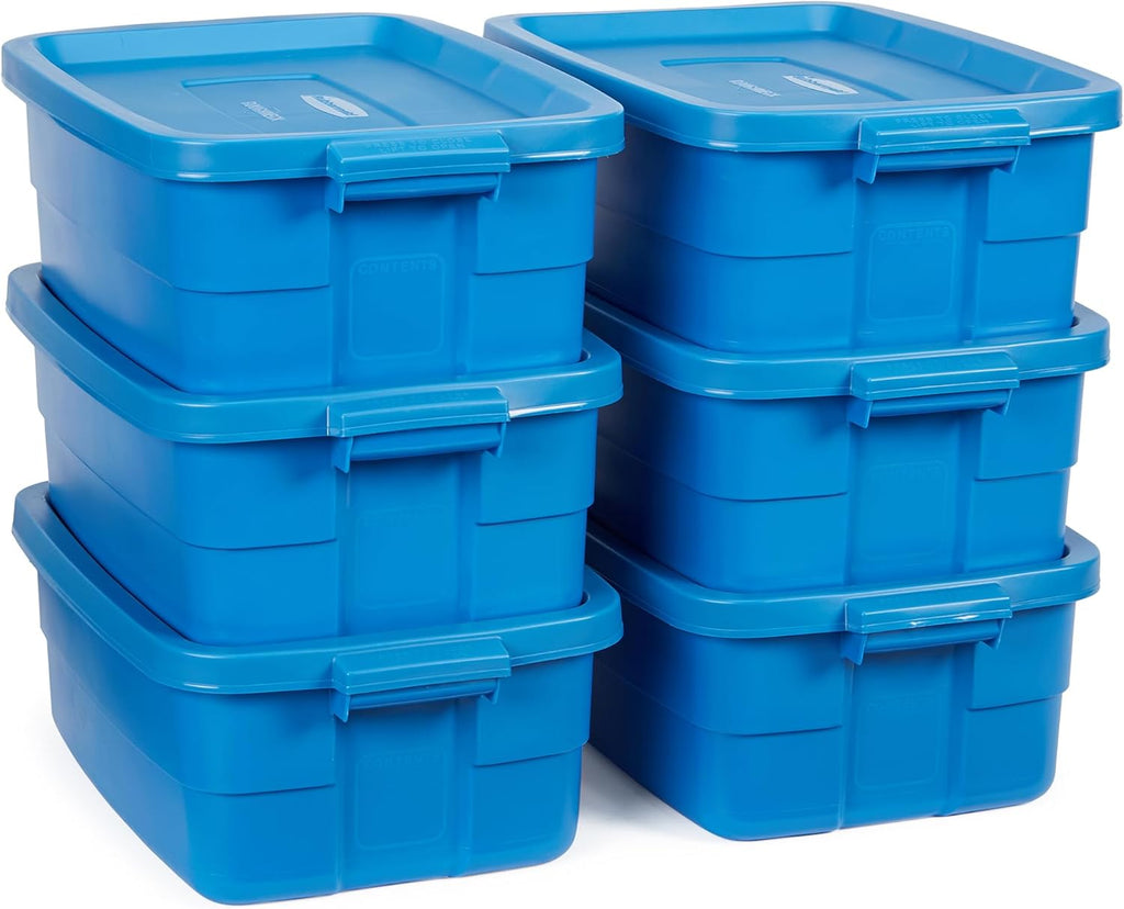 Rubbermaid Roughneck Tote - 10 Gallon Stackable Storage Bins | Rugged Plastic, Heritage Blue, 6 Pack